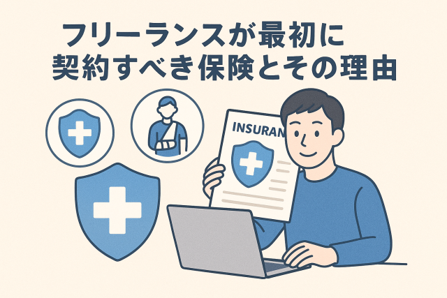 フリーランスが加入すべき保険をテーマにしたイラスト。ノートパソコンを操作する男性と医療・補償・保険のアイコンが描かれ、安心感を表現。