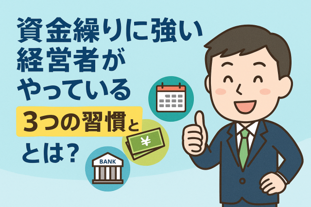 資金繰りに強い経営者がやっている3つの習慣をテーマにしたアイキャッチ画像。笑顔のスーツ姿の男性とカレンダー、札束、銀行のアイコン付き。
