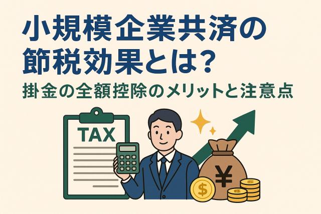 小規模企業共済の節税効果を解説するアイキャッチ画像。スーツ姿の男性が電卓と税金書類を持ち、背景には矢印やお金のイラストが描かれている。