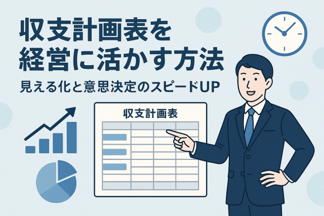 収支計画表を経営に活かす方法をテーマにしたアイキャッチ画像。スーツ姿の男性が収支計画表を指し、背景にはグラフや時計のイラストが描かれ、見える化と意思決定のスピードアップを表現している。