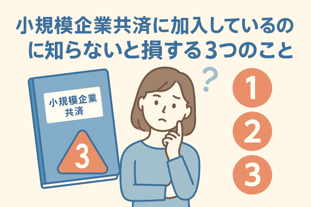 小規模企業共済に加入している人が知らないと損するポイントを示すイラスト。共済の冊子と悩む女性、1・2・3の番号が描かれている。