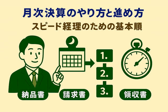 月次決算のやり方と進め方を説明する親しみやすいイラスト。スピード経理の基本手順を図解風に表現し、経理担当者向けに実務的な内容を伝える構成。