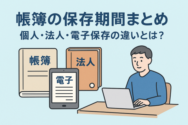 帳簿の保存期間まとめをテーマにしたアイキャッチ画像。帳簿、法人書類、電子タブレット、ノートパソコンを操作する男性のイラストが描かれ、個人・法人・電子保存の違いを表現している。