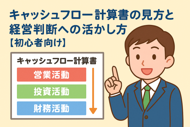 キャッシュフロー計算書の構成を図解するスーツ姿の男性と3つの活動項目（営業・投資・財務）が並ぶ解説イラスト