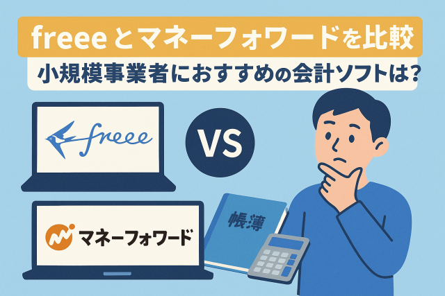 freeeとマネーフォワードの会計ソフトを比較するイメージイラスト。パソコン画面にロゴが表示され、男性がどちらを選ぶか悩んでいる様子。