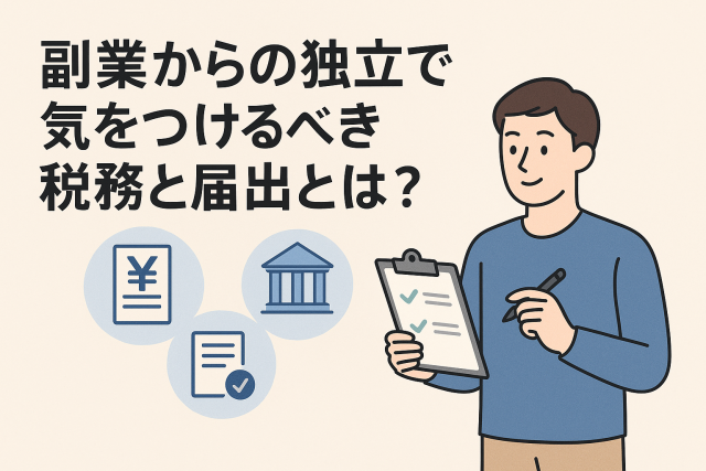 副業から独立して開業する際に注意すべき税務と届出をイメージしたイラスト。チェックリストを持つ男性と、書類・銀行・税金のアイコンが描かれている。