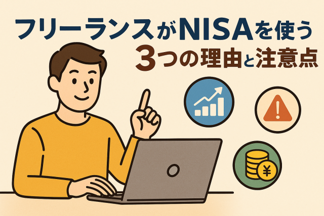 フリーランスがNISAを活用する理由と注意点を説明する、パソコン作業中の男性とグラフ・注意アイコン・お金のイラスト