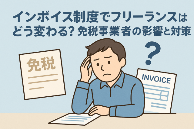 インボイス制度に悩むフリーランスの男性が、免税書類と請求書を前に考え込む様子を描いたイラスト。制度の影響を表現。