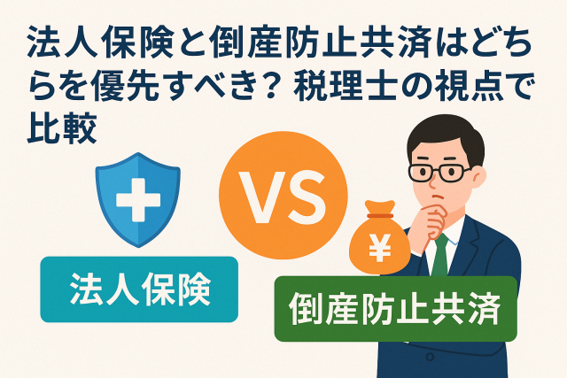 法人保険と倒産防止共済の比較をテーマに、税理士が優先順位を検討するイラスト入りアイキャッチ画像