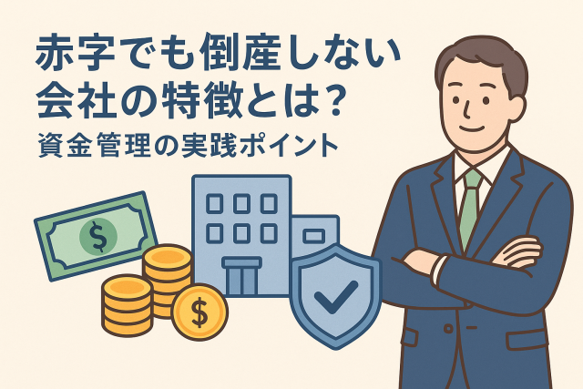 赤字でも倒産しない会社の特徴をイメージしたビジネスイラスト。経営者、建物、現金、コイン、盾のマークが描かれ、安定した資金管理の重要性を表現。