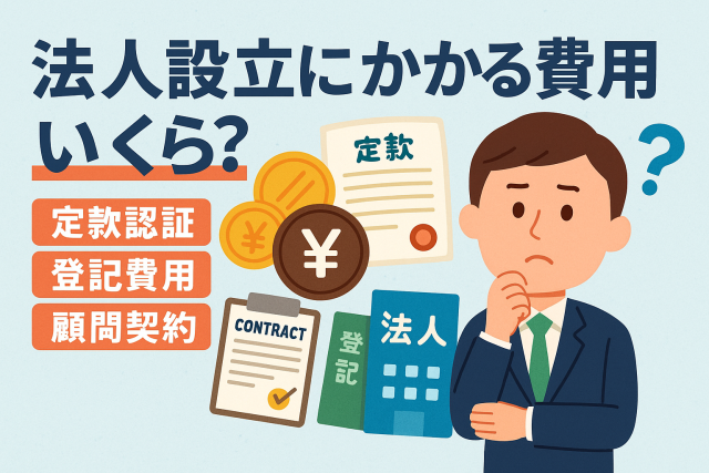 法人設立にかかる費用を説明する日本語インフォグラフィック。定款認証、登記費用、顧問契約のイラスト付き。
