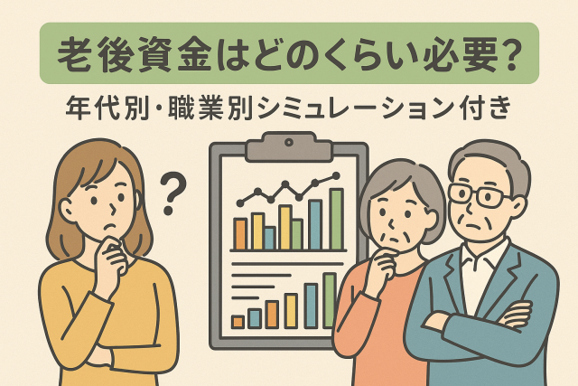 老後資金はいくら必要かを考える若者とシニア夫婦、年代別・職業別シミュレーションのグラフ付きイラスト