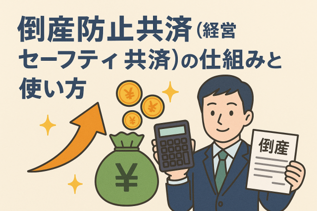 倒産防止共済（経営セーフティ共済）の仕組みと使い方を解説する日本語見出し入りのイラスト。スーツ姿の男性が計算機と倒産関連書類を持ち、円マークの袋や上昇矢印、コインが描かれている。