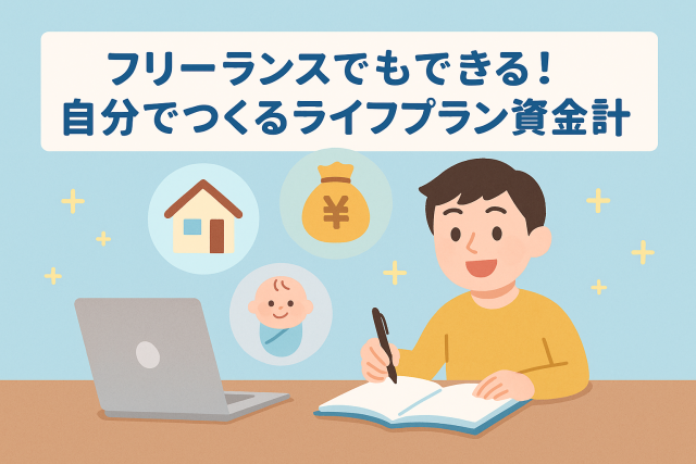 フリーランスの男性が自宅でライフプランと資金計画を立てている様子。家、赤ちゃん、貯金袋のアイコンが周囲に表示され、将来設計を象徴。
