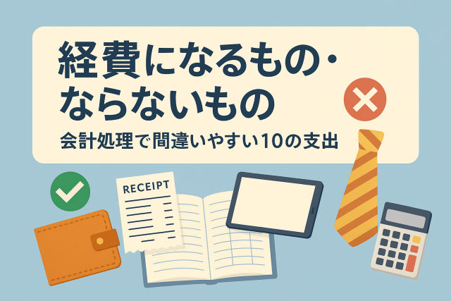 経費になる支出とならない支出の違いをイラストで示した画像。財布や領収書、ネクタイ、計算機が描かれており、「経費になるもの・ならないもの｜会計処理で間違いやすい10の支出」という日本語の見出し付き。