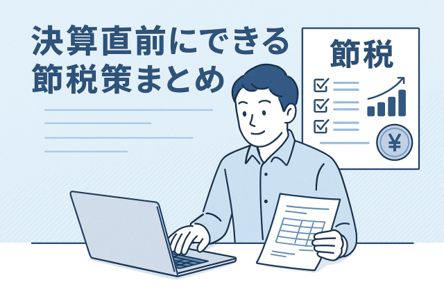 決算直前の節税対策をテーマにしたイラスト。男性がノートパソコンと決算資料を前に作業しており、背景にグラフとチェックリストが描かれた清潔感のあるビジネスシーン。