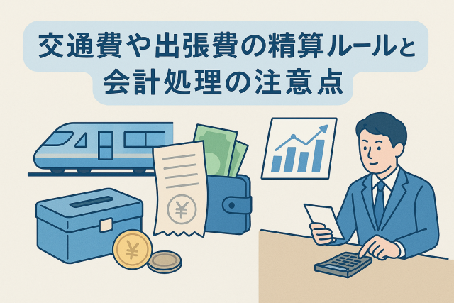交通費や出張費の精算ルールと会計処理の注意点をテーマにしたアイキャッチ画像。電車・領収書・財布・小口現金箱・グラフ・経理担当者のイラストが描かれている。