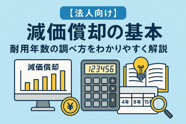 「【法人向け】減価償却の基本と耐用年数の調べ方をわかりやすく解説」という日本語見出しが入ったインフォグラフィック風イラスト。グラフ、帳簿、電卓、パソコンなど会計に関連するアイテムが並ぶ。