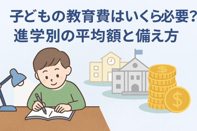 子どもの教育費の平均額と備え方を説明するイラスト。進学別の学費や貯蓄計画をイメージしやすいよう、勉強する子どもと学校、積み重なるコインを描写。