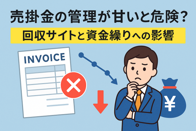 売掛金の管理が甘いと資金繰りに悪影響を与えることを表すイラスト。請求書、赤いバツ印、下向きの矢印、悩むビジネスマン、円マークの袋が描かれている。