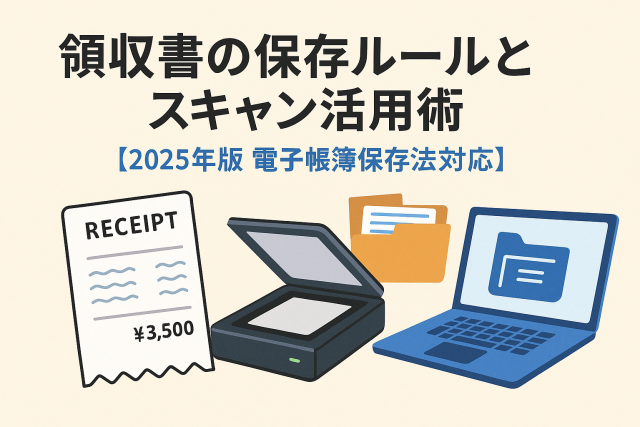 スキャナーとノートパソコン、電子データ保存フォルダ、紙の領収書が並ぶイラスト。「領収書の保存ルールとスキャン活用術【2025年版 電子帳簿保存法対応】」の日本語テキスト入り。
