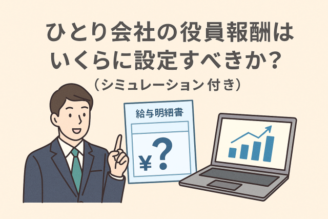 ひとり会社の社長が役員報酬額をシミュレーションしているイラスト。給与明細書やグラフ、パソコン画面が描かれたビジネスシーン。