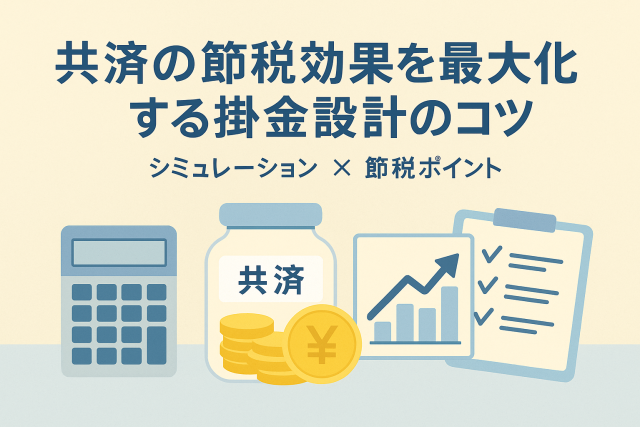 共済の掛金設計で節税効果を最大化するポイントを表すイラスト。電卓、共済の瓶とコイン、右肩上がりのグラフ、チェックリストが並ぶ横長デザイン。