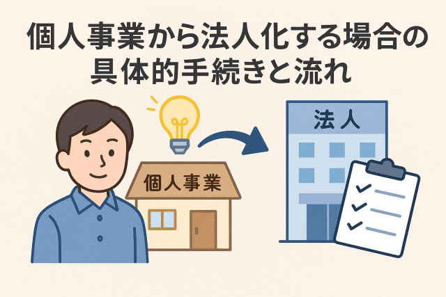 個人事業から法人化する流れを示すイラスト。個人事業の建物から法人ビルへ矢印が伸び、人物とチェックリストが描かれている。