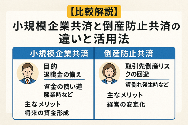 小規模企業共済と倒産防止共済の違いを比較解説する日本語インフォグラフィック。制度の特徴や活用法をわかりやすく図解