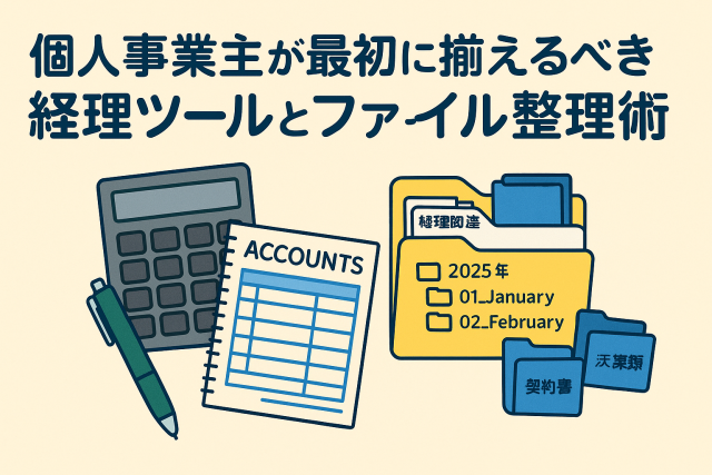 個人事業主が最初に揃えるべき経理ツールとファイル整理術をテーマにしたイラスト。電卓、ファイルフォルダ、領収書、ペンが描かれた日本語タイトル付き画像。