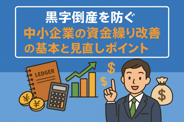 スーツ姿の男性と資金繰り関連アイコンが並ぶ、親しみやすい資金繰り改善のイメージ図
