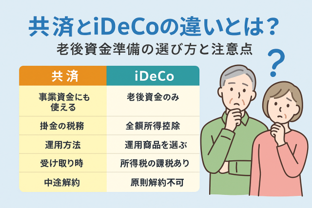 共済とiDeCoの違いを比較する図表。資金用途や税制、運用方法、中途解約の可否などを解説。