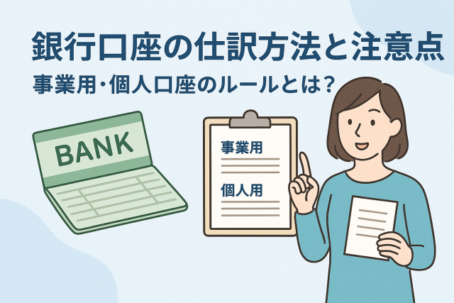 銀行口座の仕訳方法と注意点をテーマにしたアイキャッチ画像。銀行通帳、事業用・個人用の区分を示すクリップボード、書類を持つ女性のイラストが描かれている。