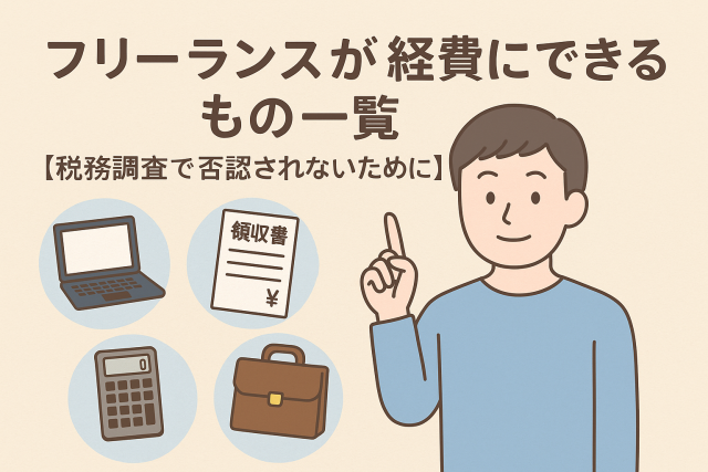 フリーランスが経費にできるものをテーマにしたイラスト。パソコン、領収書、電卓、カバンを背景に、指を立てて説明する人物が描かれている。