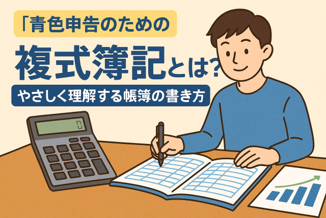 帳簿に向き合う男性と計算機、青色申告のための複式簿記を説明する日本語タイトル付きイラスト