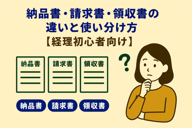 納品書・請求書・領収書の違いと使い分け方を説明する親しみやすいイラスト。経理初心者向けに各書類の役割を視覚的に表現。