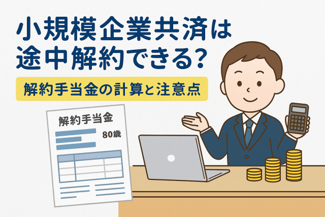 小規模企業共済の途中解約と解約手当金の計算方法を解説するイラスト。スーツ姿の男性が電卓と書類を持ち、机にはコインの山が並んでいる。