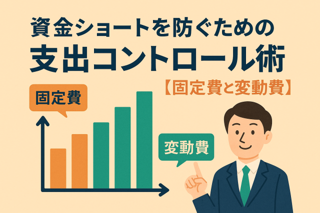 資金ショートを防ぐための支出コントロール術を解説するアイキャッチ画像。固定費と変動費の管理を示すグラフと経営者のイラスト。