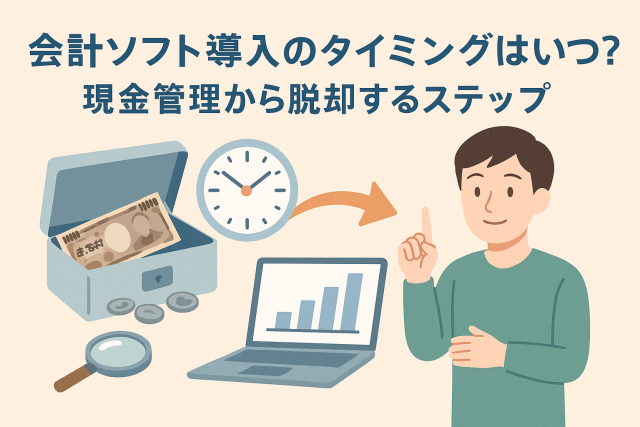 会計ソフト導入のタイミングをテーマにしたアイキャッチ画像。現金管理からクラウド会計ソフトへの移行をイメージし、現金箱・時計・矢印・ノートPC・グラフ・男性のイラストが描かれている。