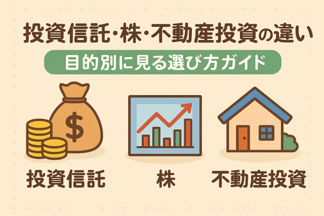 投資信託・株・不動産投資の違いを視覚的に表現したアイキャッチ画像。親しみやすいテイストで、選び方のガイドを示す日本語見出し入り。
