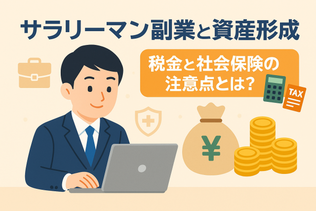サラリーマンが副業と資産形成について考える様子。税金や社会保険の注意点を示すイラスト付き。
