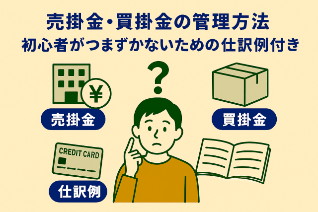 売掛金・買掛金の管理方法を初心者向けにわかりやすく表現したイラスト。仕訳例を交えた経理の基本を親しみやすく解説。