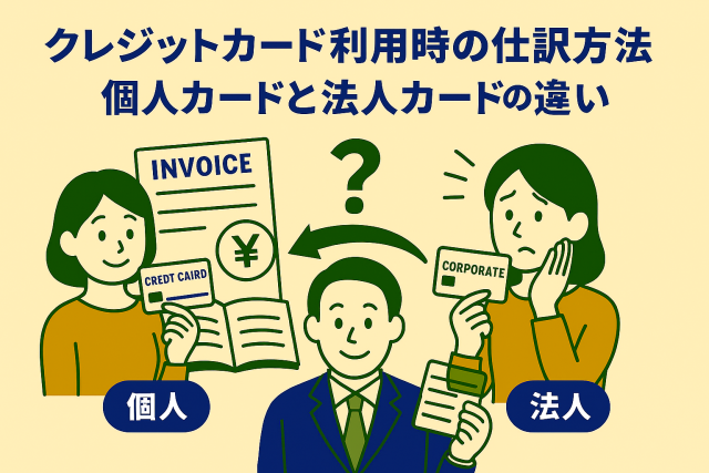 クレジットカード利用時の仕訳方法と、個人カード・法人カードの違いをわかりやすく表現したイラスト。経理処理のポイントを親しみやすく解説。