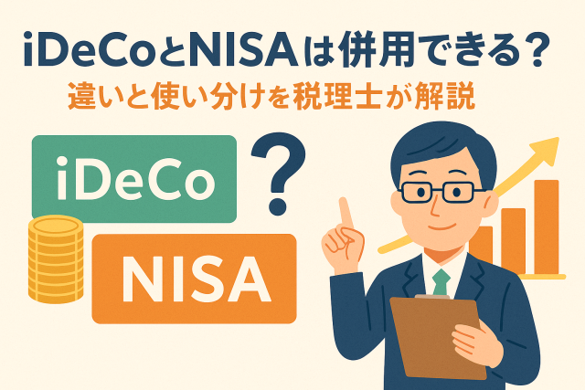 iDeCoとNISAの併用可否と違いを税理士が解説するイラスト。投資と節税の比較を示すグラフやコインのイメージ入り。