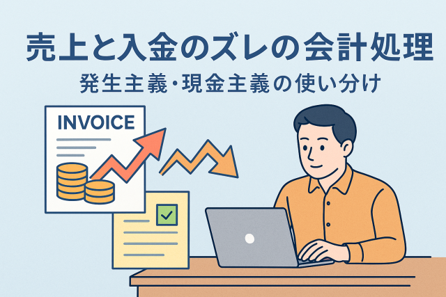 売上と入金のズレの会計処理をテーマにしたアイキャッチ画像。請求書、銀行通帳、発生主義・現金主義の文字、考える女性のイラストを配置し、会計処理の違いをわかりやすく表現している。