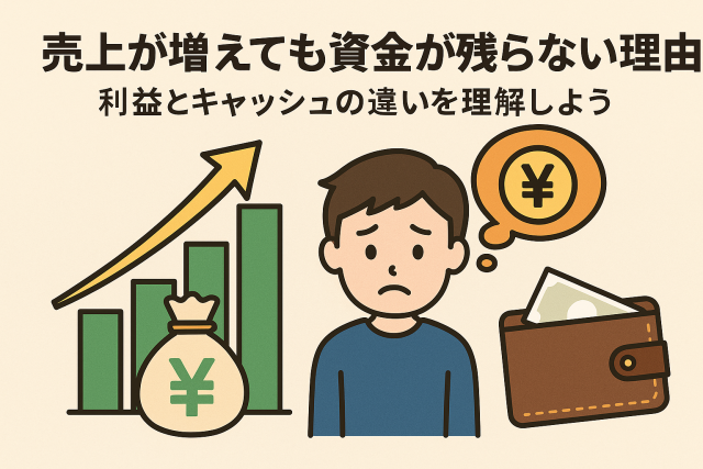 売上が増えても資金が残らない理由を説明するイラスト。利益とキャッシュの違いを示すグラフと悩む人物の構図。