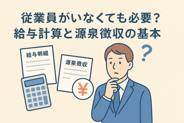 従業員がいなくても必要な給与計算や源泉徴収の基礎を説明するイラスト。スーツ姿の男性、給与明細、源泉徴収票、電卓などが描かれている。