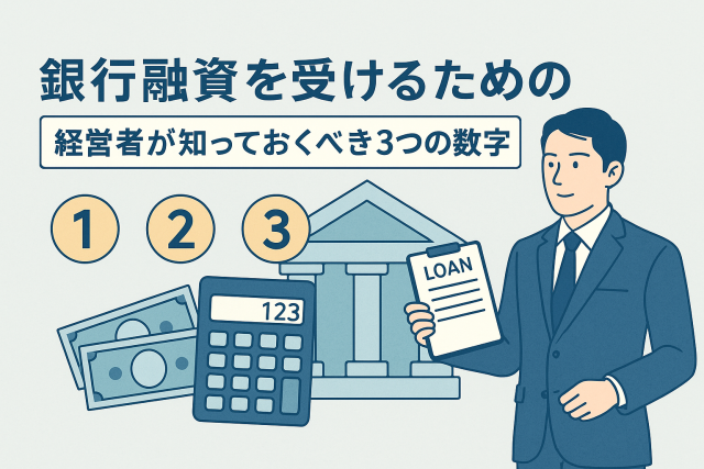 銀行融資を受けるために経営者が知っておくべき3つの数字をテーマにしたアイキャッチ画像。スーツ姿の経営者、銀行の建物、数字のアイコン（1・2・3）、電卓、現金、融資申込書などのイラストが描かれている。