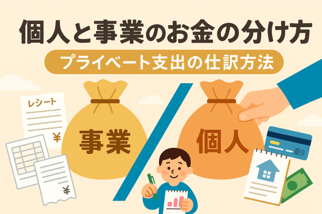 個人と事業の資金を分ける様子を視覚化した日本語インフォグラフィック。大きな袋に「事業」と「個人」と記載され、中央で区切られている。各種帳簿やカード、通帳アイコンなども配置。