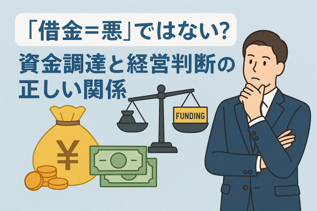 「借金＝悪」ではない？をテーマにしたアイキャッチ画像。スーツ姿の男性経営者が考える姿の横に、資金袋、紙幣、天秤（FUNDINGとバランスを取るイメージ）が描かれ、資金調達と経営判断の関係を表現している。
